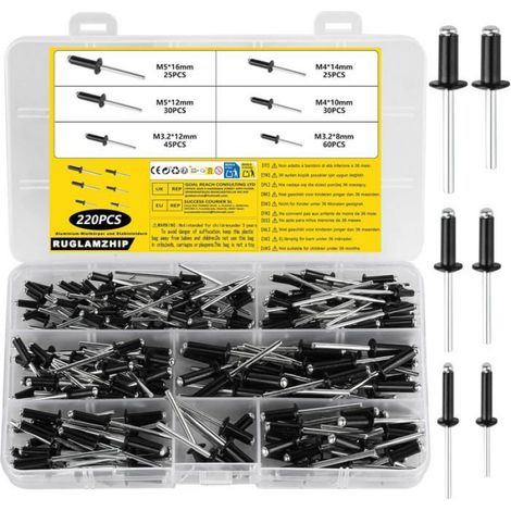 220 Rivet aveugle, aluminium noir tête plate grande bride M3.2 M4 M5, fixation métal bois plastique industrie bricolage (1/5)