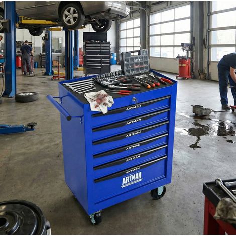 Carrello da officina mobile in acciaio, 6 cassetti, con serratura, nero e blu DESVIAE