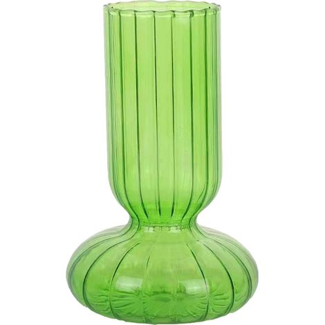 Dekorative Glasvase mit bunten Streifen, transparent grün, Hydroponik-Design, für Blumenarrangements im Wohnzimmer.
