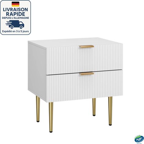 MODFU - Comodino bianco per camera da letto con contenitore, 2 cassetti, 4 gambe in metallo, MDF, 53×41×52cm
