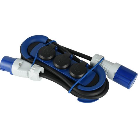 Electraline 62574 Multipresa Outdoor con Spina CEE, 1 Presa CEE + 3 Prese Schuko con tappo IP44, appendibile con 2 Ganci + Elastici Fermacavo, Cavo in gomma 3M, H07RN-F 3G2.5, Campeggio, Caravan, Blu (1/3)