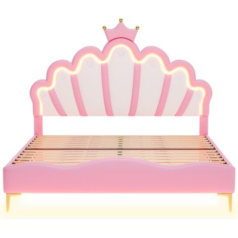 140x200 cm Doppelbett mit Kronen-Design, rosa PU-Lederbezug und LED-Licht (1/5)
