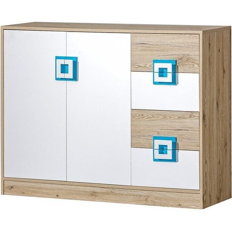 Cómoda Tolfere 100, Roble claro + Blanco + Turquesa, Con cajones y puertas, Número de cajones: 4, 93x120x40cm (1/4)