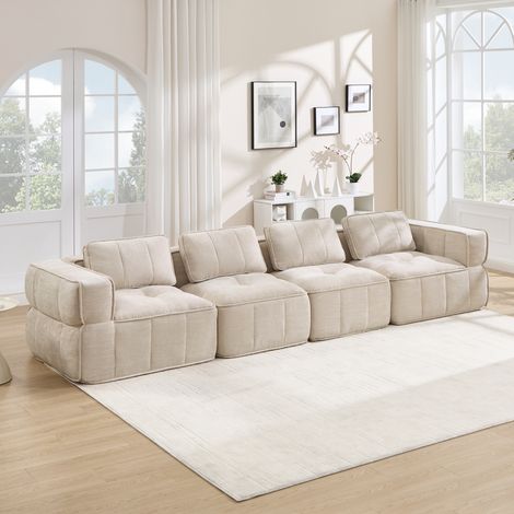 Canapé modulable spacieux 4 places, sans structure, mousse dense 32D, revêtement textile confortable, anti-glisse, idéal salon, prêt à l'emploi, teinte sable. (1/5)