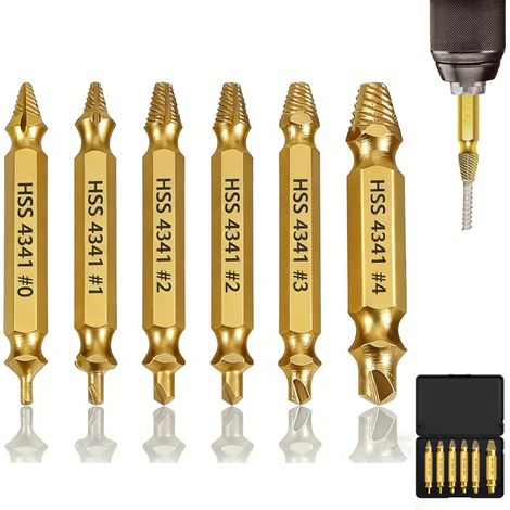 Lot de 6 Extracteurs Vis Endommagées Professionnels Extracteur Gauche pour Vis Endommagées HSS 4341 Outil de Dévissage Tournevis de Vissage Cassée Tournevis à Gauche avec Tige Hexagonale, Double Tête (1/5)