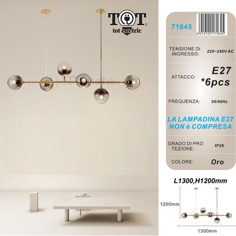 Lampadario sospensione bolle 6 sfere attacco E27 trasparenti in vetro lampada da soffitto in metallo oro argento moderno Oro (1/5)