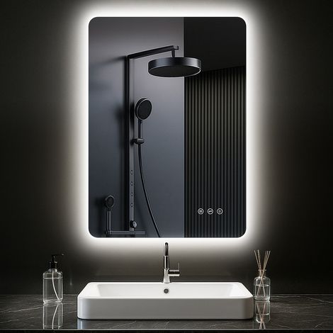 Badezimmerspiegel PESENXAN 80x60 cm mit LED-Beleuchtung, Anti-Beschlag, 3 Lichtfarben, Dimmer, Speicher, Touch, IP44 (1/5)