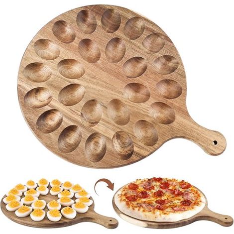 Tabla para huevos del diablo - Tabla redonda de madera - 24 agujeros - Para charcutería y fiestas - Sistema de cocina y servicio (1/5)