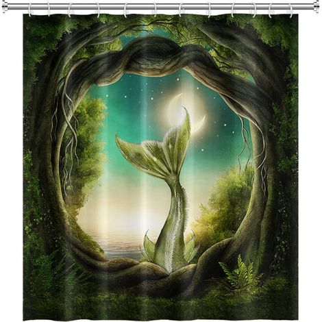 180x180cm Fantaisie Forêt Rideau de Douche Enchanté Sirène Queue, Lune, Nuit Étoilée, Ciel Magie Vert Arbre pour Salle de Bains Polyester avec Crochets (1/5)