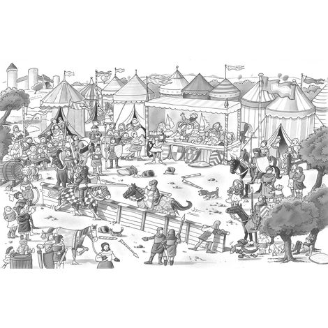 Papier peint panoramique noir et blanc motif chevalier | Tapisserie panoramique idéale pour chambre enfant | Papier peint panoramique enfant design - 267 x 400 cm (4 pièces) (1/2)