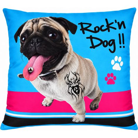 Coussin Rock'n Dog bleu motif chien 35 x 35 cm (1/2)