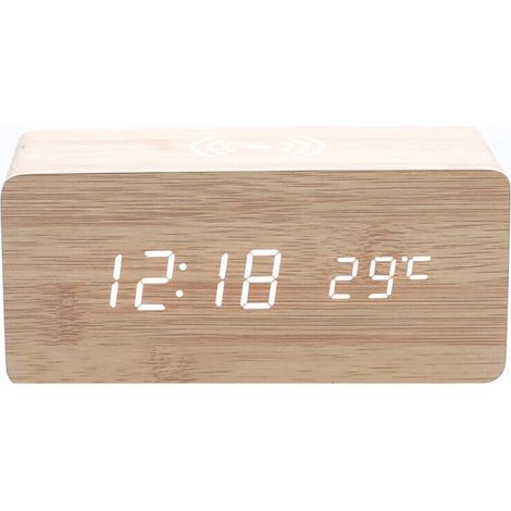 Piece beige wooden alarm clock with wireless charger, compatible with iPhone Samsung, LED digital wooden clock, sound control function, time, date and temperature display, (1/3)