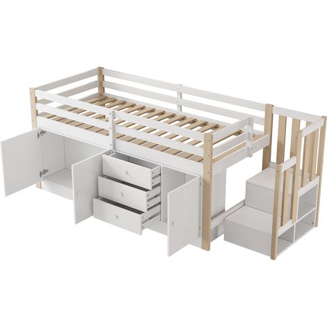 GagaLit mezzanine enfant blanc 90x200 avec escaliers et rangements (1/5)