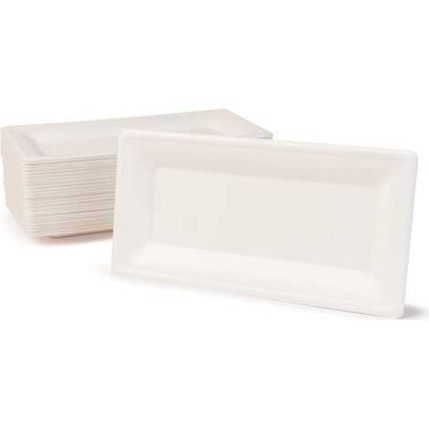 GREENBOX Piatti usa e getta di canna da zucchero compostabili I 50 pezzi piatti da festa rettangolari 26 x 13 cm bianco I piatti biodegradabili in canna da zucchero per antipasti antipasti bistecca (1/5)
