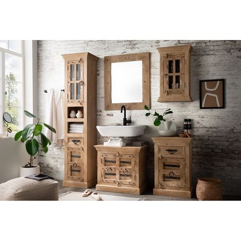 Ensemble de Meubles de Salle de Bain 5 Pièces en Bois de Manguier Clair Sculpté Style Colonial - PANGIVO (1/5)