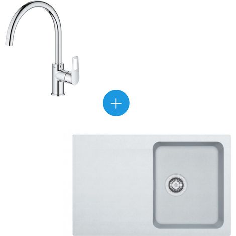 Franke Kit Évier Orion à encastrer en Tectonite, 780x500mm, Blanc Polaire + Mitigeur Grohe Bauloop, col de cygne, Chrome