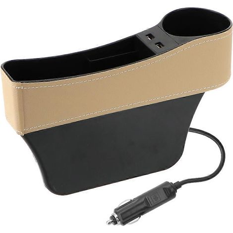 Organisateur de voiture avec poche pour fente entre les sièges, double chargeur USB, porte-téléphone, porte-bouteille, porte-gobelet, boîte de rangement en cuir, accessoires de voiture (beige à gauche