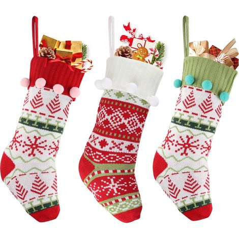 Calcetín Navideño Tejido - Conjunto de 3 Unidades - Para Colgar en la Chimenea - Decoración Navideña (1/5)