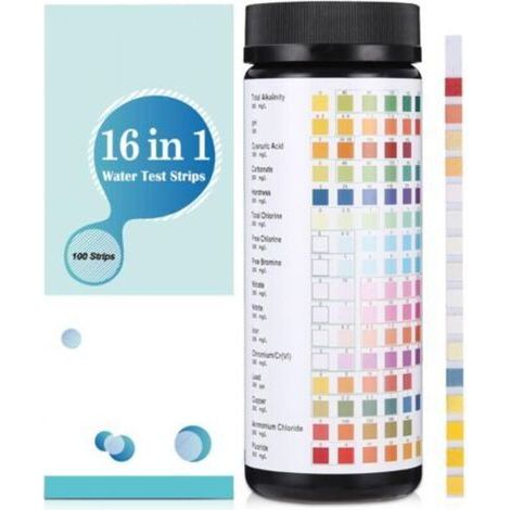 16 en 1 Bandelette Piscine et Spa, 100 Testeur PH Piscine, Bandelette Test Piscine, Testeur Piscine pour Tester la dureté, l'alcalinité Totale, le Chlore Libre, le Brome, le pH et plus