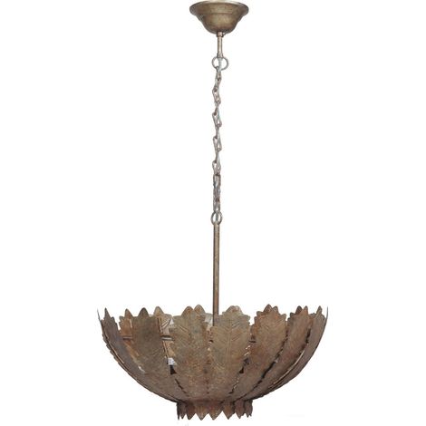 Suspension lustre vintage doré en fer style feuille - or vieilli patiné brun grisé