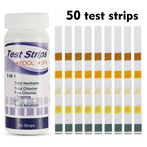 5-in-1 Schwimmbad- und Spa-Teststreifen: Chlor, pH-Wert, Alkalität, Wasserhärte, Healthwater Poolstreifen (50 Stück) (1/5)
