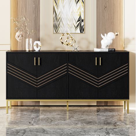 Credenza in MDF nero effetto legno 160x40x80,5 cm, 4 ante, 2 ripiani regolabili, gambe e maniglie in metallo (1/5)