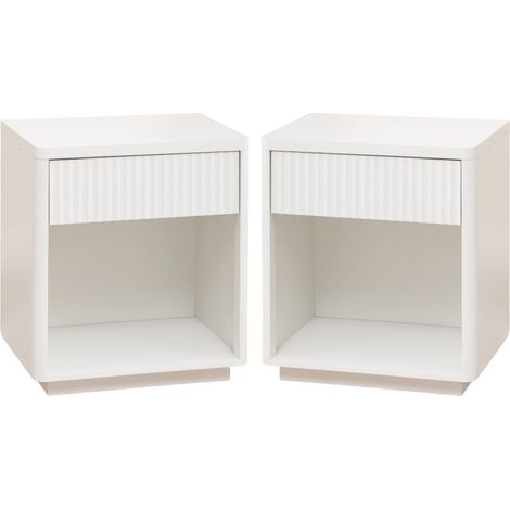 Pack de 2 mesitas de noche blancas de MDF con cajón y balda abierta (1/5)