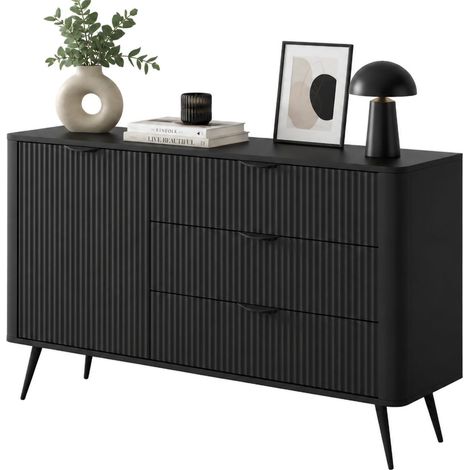 Dmora Schrank Halilomo, Kommode mit 3 Schubladen, Einlegeboden, Klapptür, Schiebetür, 138x38x81h cm Schwarz