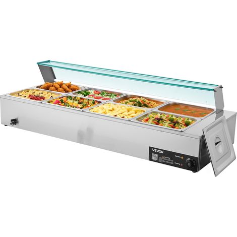 VEVOR Scaldavivande Commerciale, Scaldavivande Elettrico in Acciaio Inox da 1700 W con Coperchio in Vetro, Bagnomaria da Banco a 8 Teglie, con Mestoli per Zuppa e Forati, per Ristoranti (1/5)