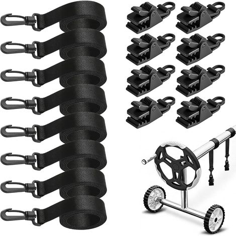 Enrouleur de piscine Bandes de maintien : lot de 8 bandes de fixation et pinces et boucles, accessoires pour système d'enroulement mobile – Film solaire mobile pour bâches de piscine, couvertures (1/5)