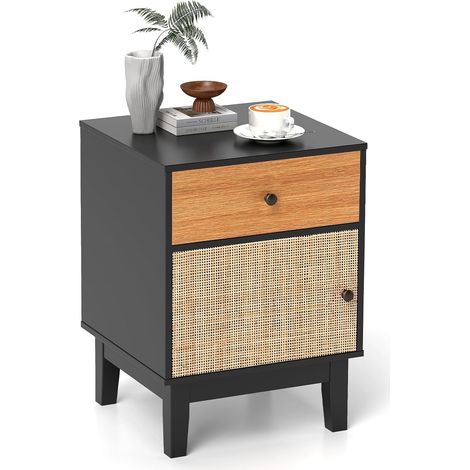 COSTWAY Table de Chevet Bois, Table de Nuit Rotin avec Tiroir, Petite Armoire à Porte Cannage, Chevet de Lit Bohème, Pieds en Bois Massif pour Salon, Chambre, Noir (1) (1/5)