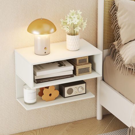 COSTWAY Table de Chevet Murale avec Étagères Ouvertes (1,Blanc) (1/5)