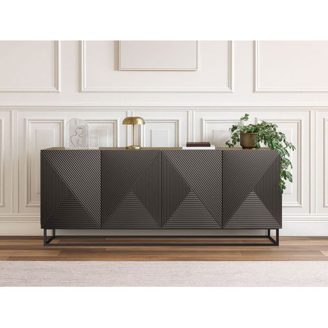Bobochic – Buffet 4 portes 200 cm – Largeur 43 cm – Hauteur 81,4 cm – Pieds en métal – Design chevronné gris mat (1/5)