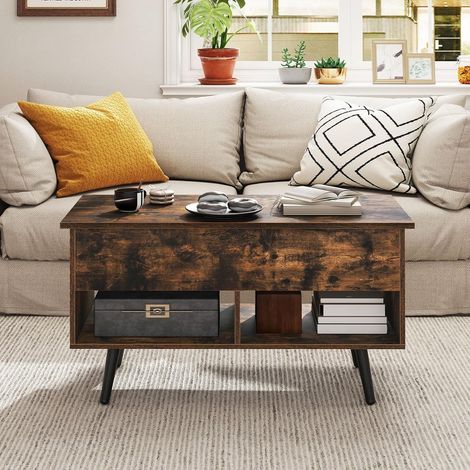 GOPLUS Table Basse Relevable à Bar à Gaz avec Plateau Relevable, Table Basse avec 1 Compartiment Caché et 2 Étagères Ouvertes, Pieds en Bois, pour Salon, Chambre (IndustrielGrain) (1/5)