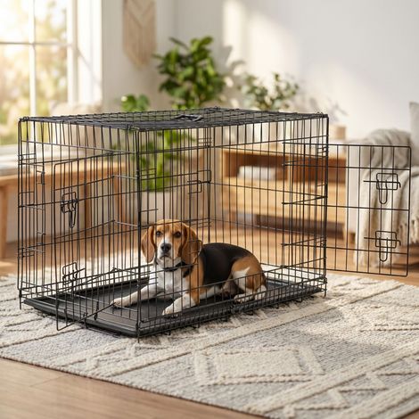 belviona Transportkäfig klappbar mit Bodenwanne, sicherer Hunde- und Katzenkäfig 92x58x64 cm (1/5)