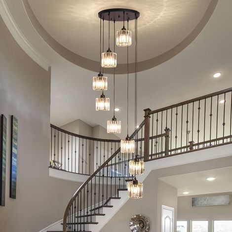 Lustre long pour hauts plafonds - Suspension moderne en cristal - Longue goutte de pluie - Lampe suspendue - Lustre à montage encastré - Plafonnier pour cage d'escalier, foyer, salon (1/5)