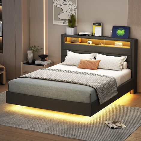 Lit rembourré 140x200cm, gris, avec prise USB, lampe LED, tête de lit réversible, pied de lit dissimulé, lit double, lit enfant, lit adulte, tissu lin (1/5)