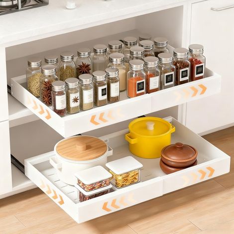 Tiroir Telescopique Cuisine, Lot de 2 Organisateurs De Placard Extensibles avec Adhésif, Tiroirs Coulissants Rangement Cuisine, Largeur Réglable de 32 à 53 cm, Tiroir Coulissant Placard, Blanc (1/5)
