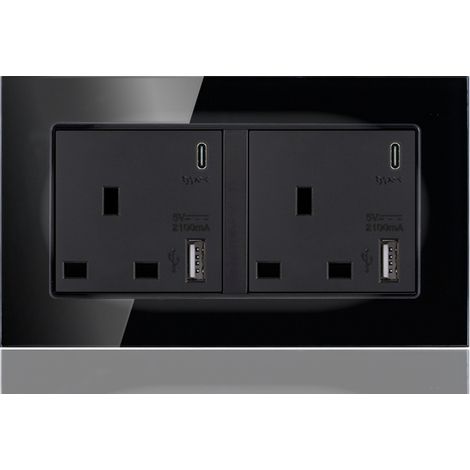 13 A 2 Gang Switched Socket with Dual USB Charger+Type-C, 250 V(mirror black)