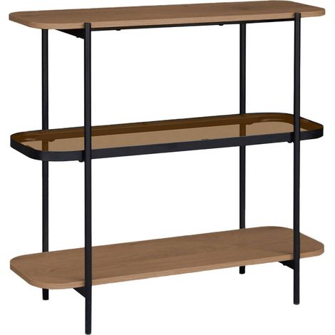 sweeek - Bücherregal aus Glas, Holzdekor und Stahl, 3 Ebenen