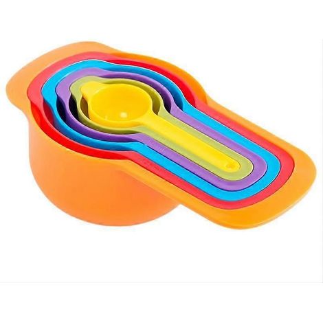 Ensemble de 6 tasses à mesurer graduées en plastique coloré, comprenant une tasse à mesurer pour la farine, une tasse à mesurer pour les liquides et un outil de mesure pour la pâtisserie. (1/2)