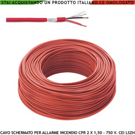 CAVO ANTINCENDIO 2X1,50 MM² COLORE ROSSO SCHERMATO TWISTATO A COPPIE CPR-750 V CEI 20-105 UNEL 36762 LSZH ANTIFIAMMA (1/4)