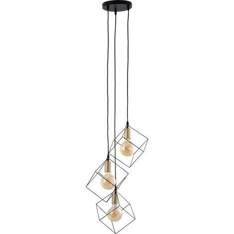 Suspension 3 Lumières Design Cube en Métal Filaire Noir et Or, Douilles E27, 39 x 39 cm - PANGIVO (1/5)
