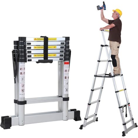 SWANEW Teleskopleiter Alu Leichtgewicht Rutschfester 1,4m+1,7m Silber Multifunktionsleiter Mehrzweckleiter Ausziehbare Leiter 15 Stufe Stehleiter aus Hochwertigem Aluminium Belastbarkeit 150KG (1/5)