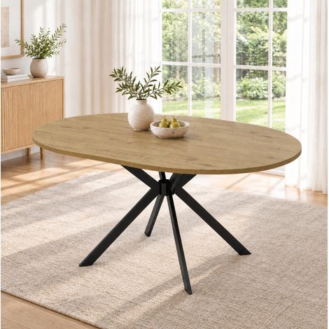 MODFU – Mesa extensible 100-140x100x75 cm de MDF/metal con tablero de redondo a ovalado, prolongación integrada, para 4-6 personas y carga 60 kg – Madera (1/5)