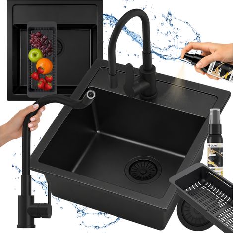 Évier de Cuisine en Granit 50 x 51 cm, 1 Cuve, Robinet GRADO Flexible, Siphon Space Saving, Égouttoir, GraniProtect KERANO 50 (1/5)