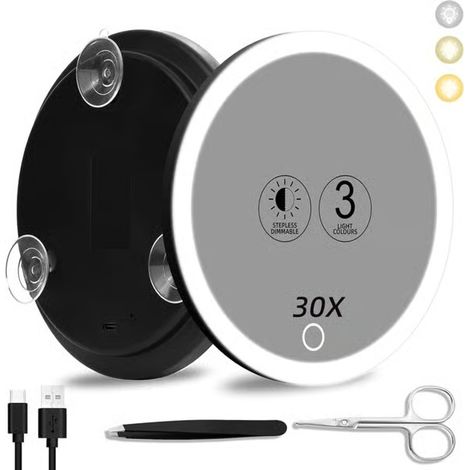 Miroir grossissant 30x avec lumière, Grand 15cm 3 couleurs Miroir avec éclairage dimmable 30x et 3 ventouses, Miroir de voyage grossissant 30x, Haute grossissement (1/4)