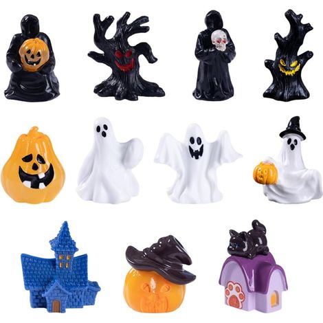 Set di 11 mini statue di Halloween - Include fantasma, castello di zucca, decorazione per albero di Natale a forma di cane, mini accessori di Halloween, festa - Bambole fantasma di Halloween (1/4)