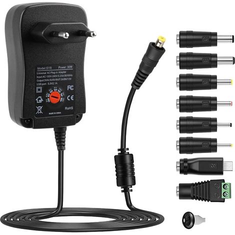 30-W-Universal-Netzteil, 3–12 V AC auf DC (3 V, 4,5 V, 5 V, 6 V, 7,5 V, 9 V, 12 V, 2 A), universeller Schaltnetzteil-Transformator-Adapter mit 8 DC-Anschlüssen für Router, Überwachungskameras und Kame