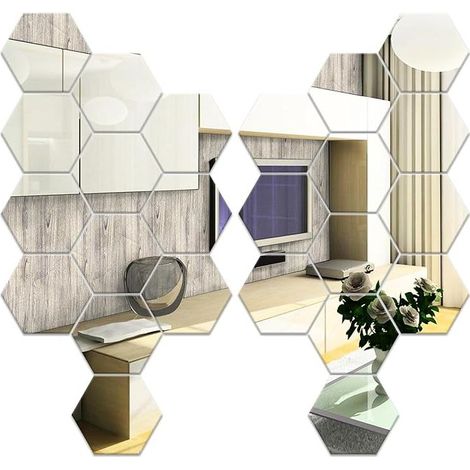 Set di 24 specchi da parete esagonali, specchi da parete autoadesivi color argento 80×70×40 mm, specchi da parete esagonali in acrilico per applicazione autoadesiva (1/5)